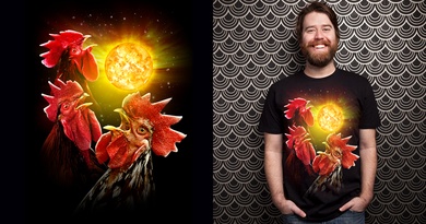 Three Roosters Crowing At The Sun