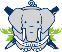Bestee logo featuring elephant flanked by pen and pencil.